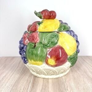 Otagiri Japan Fruit Basket Cookie Jar Ceramic Apple Grape Strawberry READ